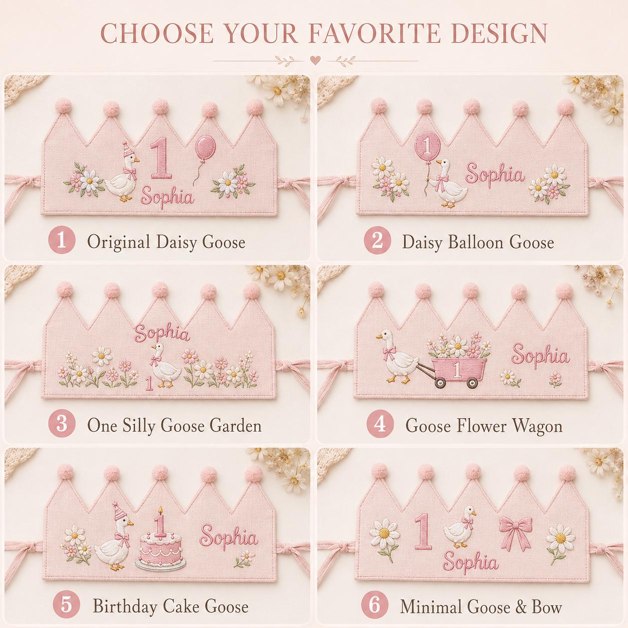 Personalized Goose Birthday Crown, Embroidered Linen-Look Crown, Daisy First Birthday Hat, One Silly Goose Cake Smash Crown