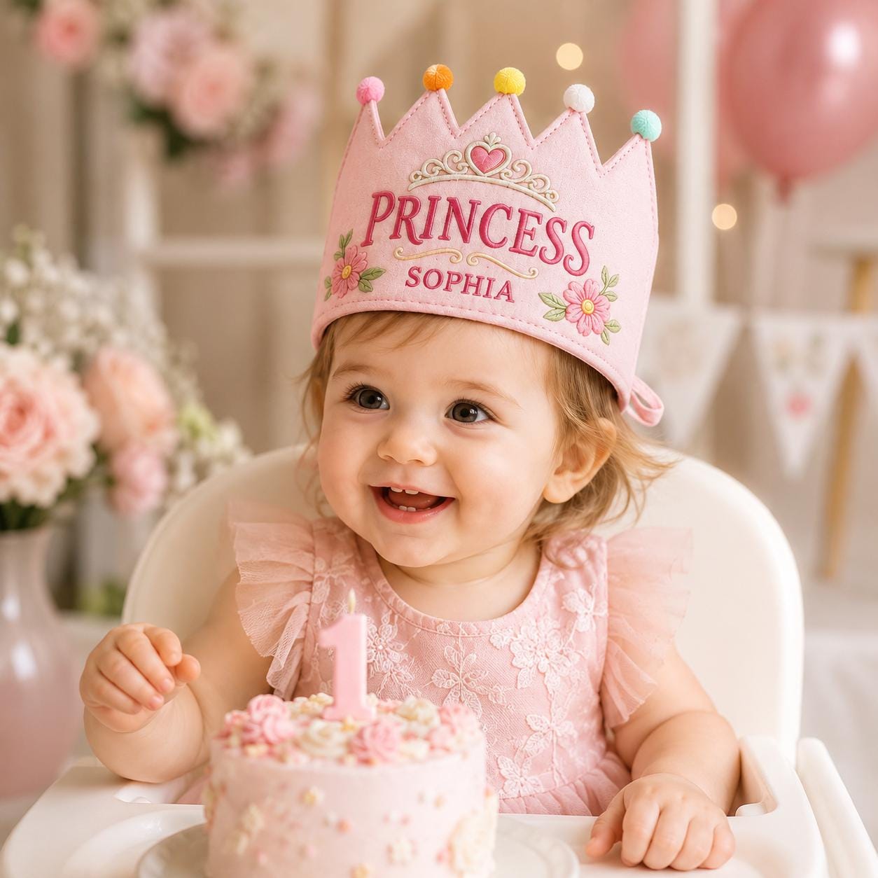 Personalized Princess Birthday Crown, Embroidered Linen-Look Crown, Fairytale Castle Crown, Custom Name Cake Smash Hat