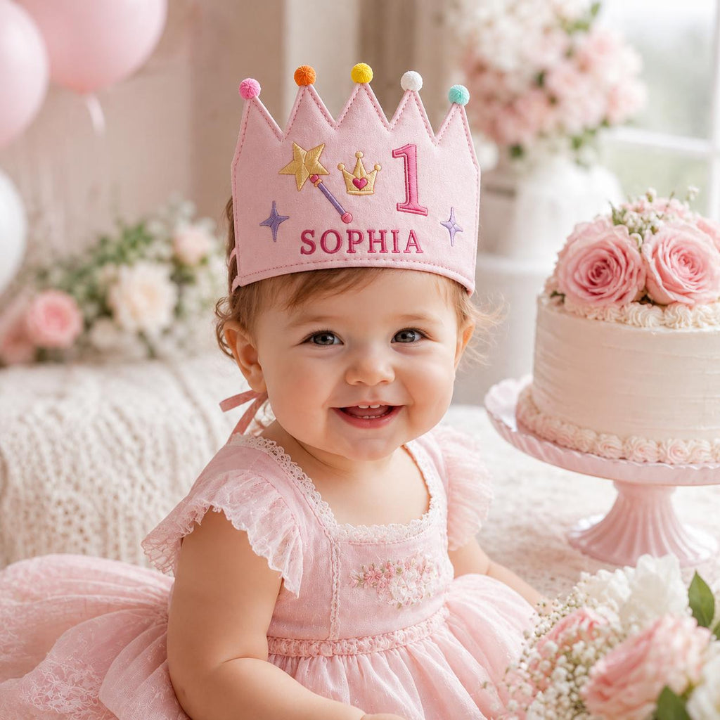Personalized Princess Birthday Crown, Embroidered Linen-Look Crown, Fairytale Castle Crown, Custom Name Cake Smash Hat