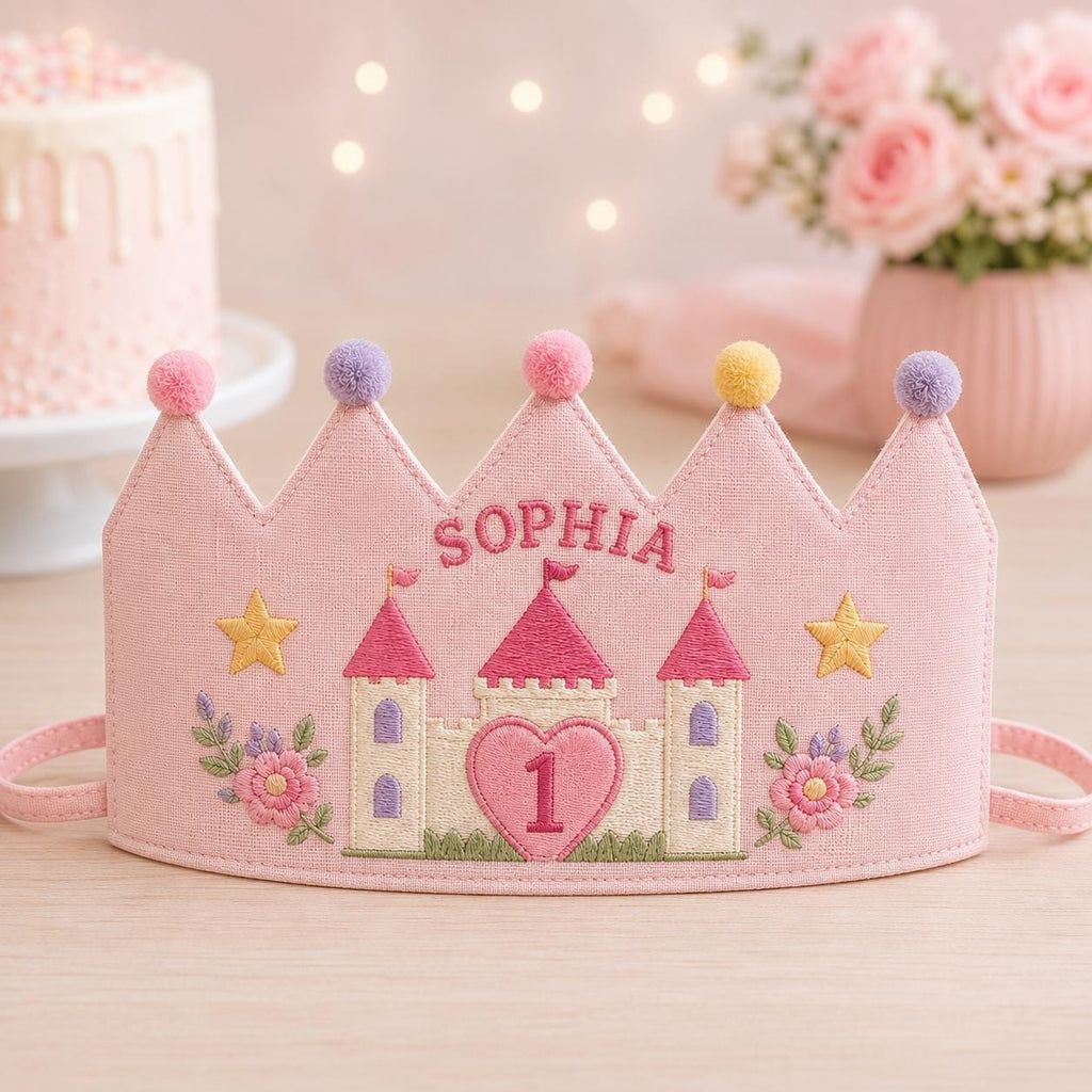 Personalized Princess Birthday Crown, Embroidered Linen-Look Crown, Fairytale Castle Crown, Custom Name Cake Smash Hat