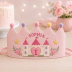 Personalized Princess Birthday Crown, Embroidered Linen-Look Crown, Fairytale Castle Crown, Custom Name Cake Smash Hat