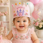 Personalized Princess Birthday Crown, Embroidered Linen-Look Crown, Fairytale Castle Crown, Custom Name Cake Smash Hat