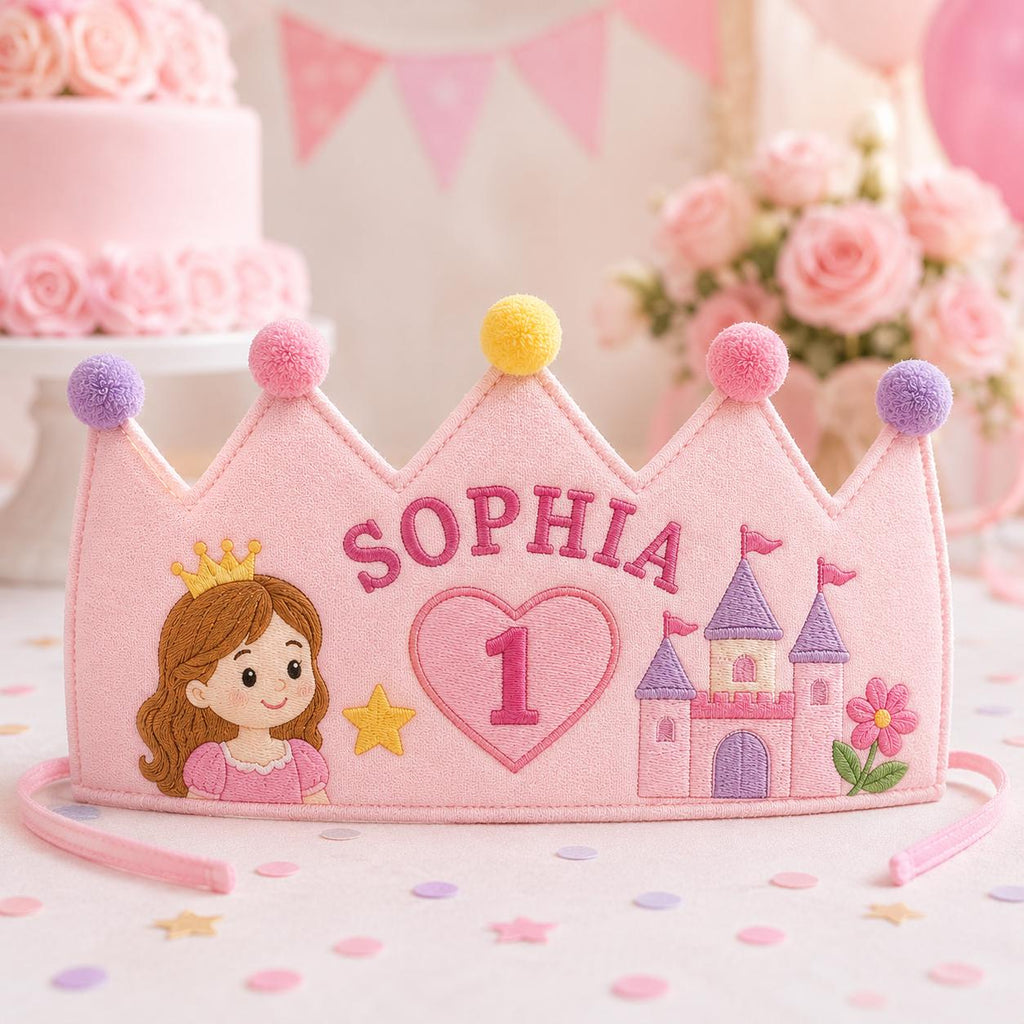 Personalized Princess Birthday Crown, Embroidered Linen-Look Crown, First Birthday Cake Smash Hat, Custom Name Keepsake