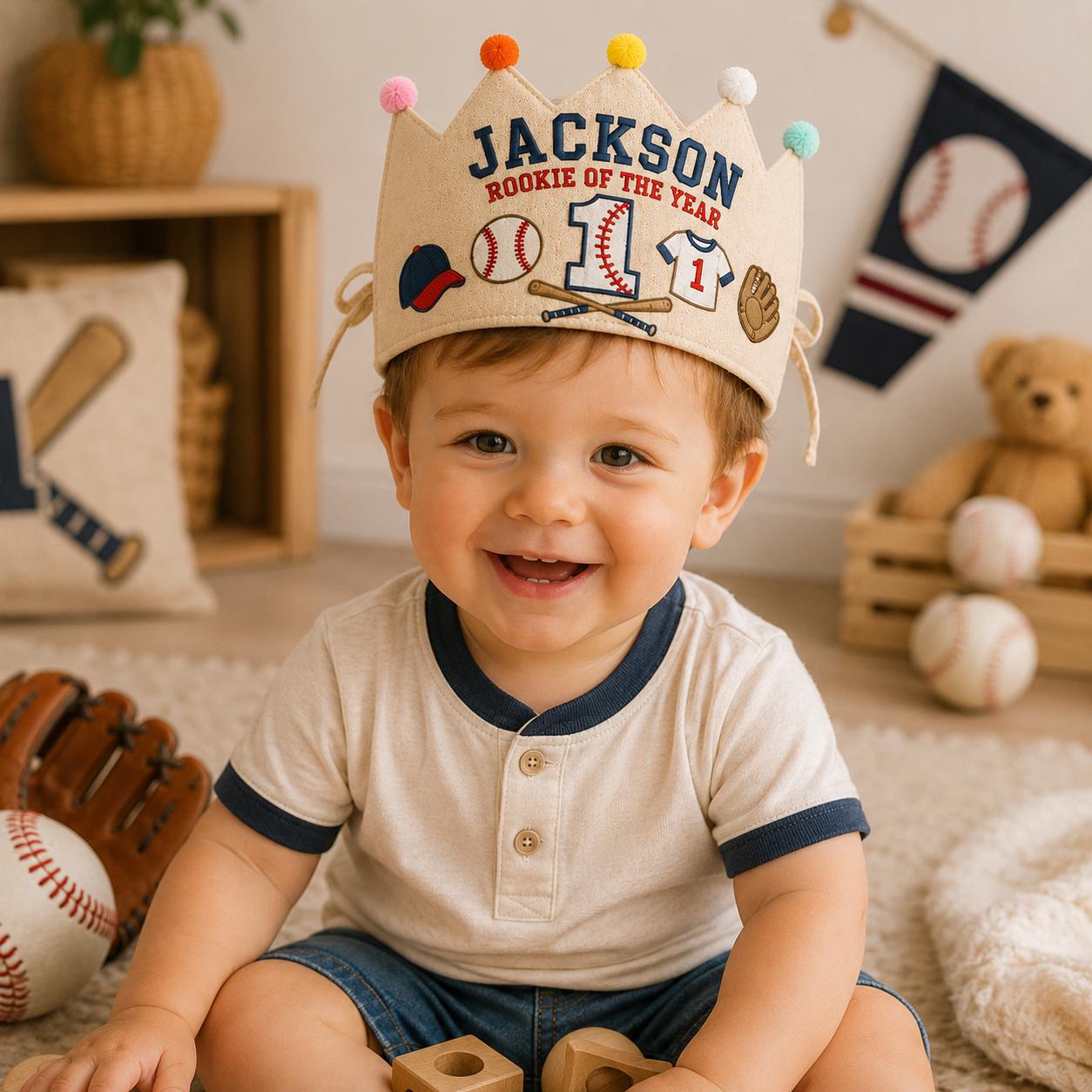 Personalized Baseball Birthday Crown, Embroidered Linen-Look Crown, Rookie of the Year First Birthday Hat, Cake Smash Keepsake