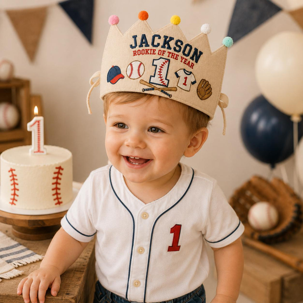 Personalized Baseball Birthday Crown, Embroidered Linen-Look Crown, Rookie of the Year First Birthday Hat, Cake Smash Keepsake