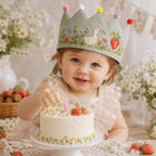 Personalized Wildflower Goose Birthday Crown, Embroidered Linen-Look Crown, Custom Name Berry Meadow Baby Hat