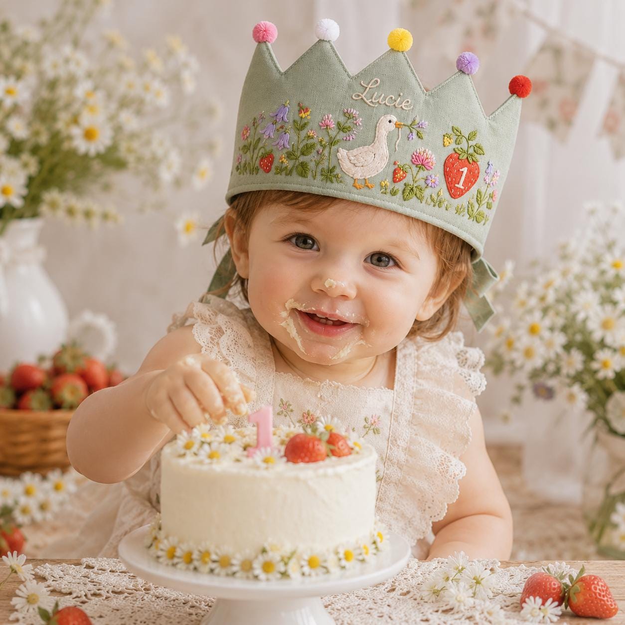 Personalized Wildflower Goose Birthday Crown, Embroidered Linen-Look Crown, Custom Name Berry Meadow Baby Hat