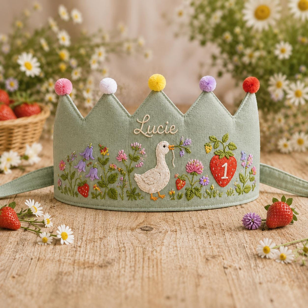 Personalized Wildflower Goose Birthday Crown, Embroidered Linen-Look Crown, Custom Name Berry Meadow Baby Hat