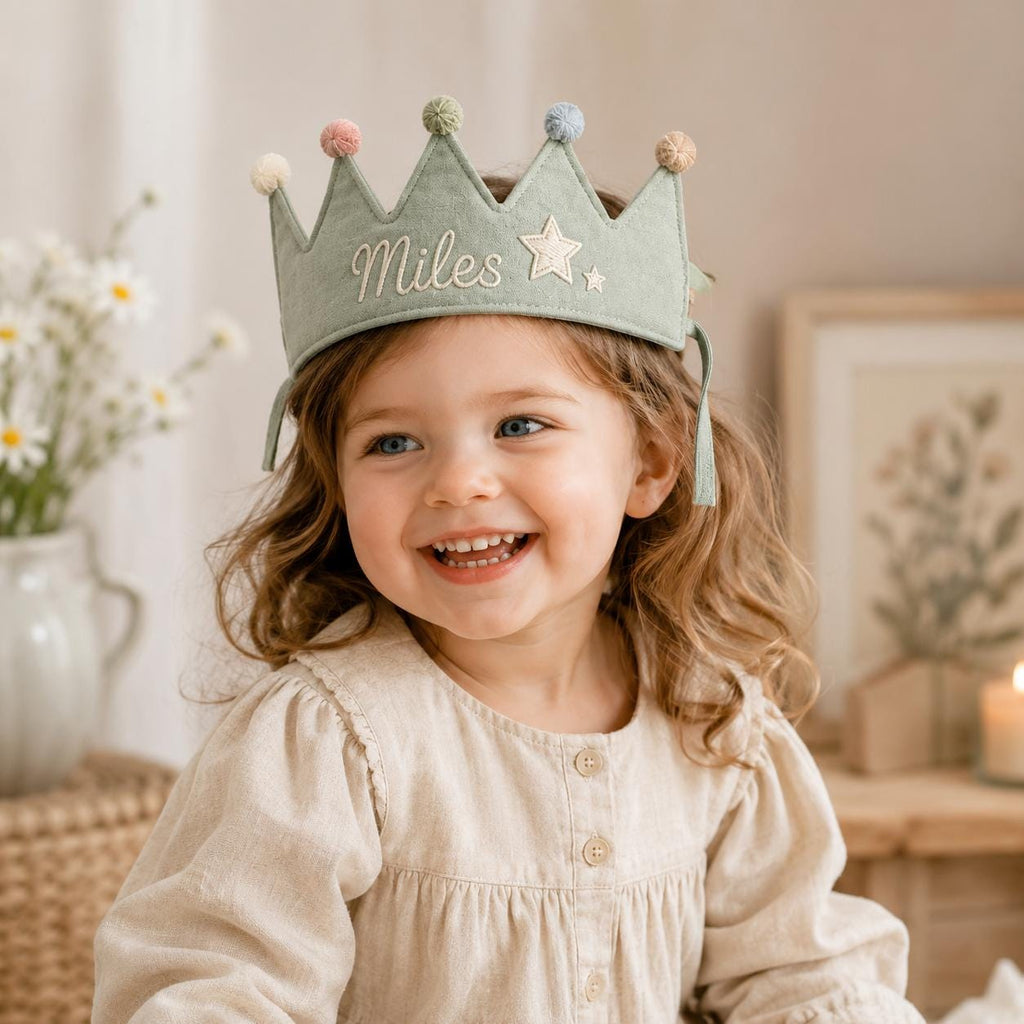 Personalized Embroidered Name Crown, Minimal Linen-Look Birthday Crown, Reusable Kids Party Hat, Custom Baby Keepsake
