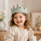 Personalized Embroidered Name Crown, Minimal Linen-Look Birthday Crown, Reusable Kids Party Hat, Custom Baby Keepsake
