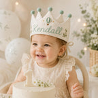 Personalized Embroidered Name Crown, Linen-Look Birthday Crown, Hot Air Balloon Baby Crown, Custom Kids Keepsake