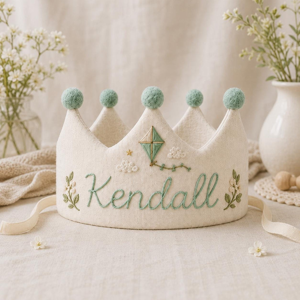 Personalized Embroidered Name Crown, Linen-Look Birthday Crown, Hot Air Balloon Baby Crown, Custom Kids Keepsake