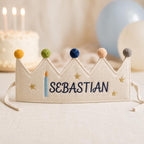 Personalized Birthday Candle Crown, Embroidered Linen-Look Name Crown, Reusable Kids Party Hat, Baby Keepsake Gift
