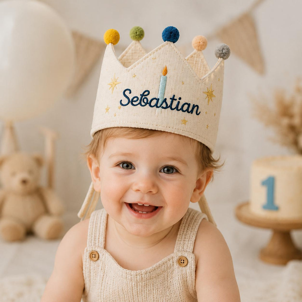 Personalized Birthday Candle Crown, Embroidered Linen-Look Name Crown, Reusable Kids Party Hat, Baby Keepsake Gift