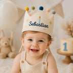 Personalized Birthday Candle Crown, Embroidered Linen-Look Name Crown, Reusable Kids Party Hat, Baby Keepsake Gift