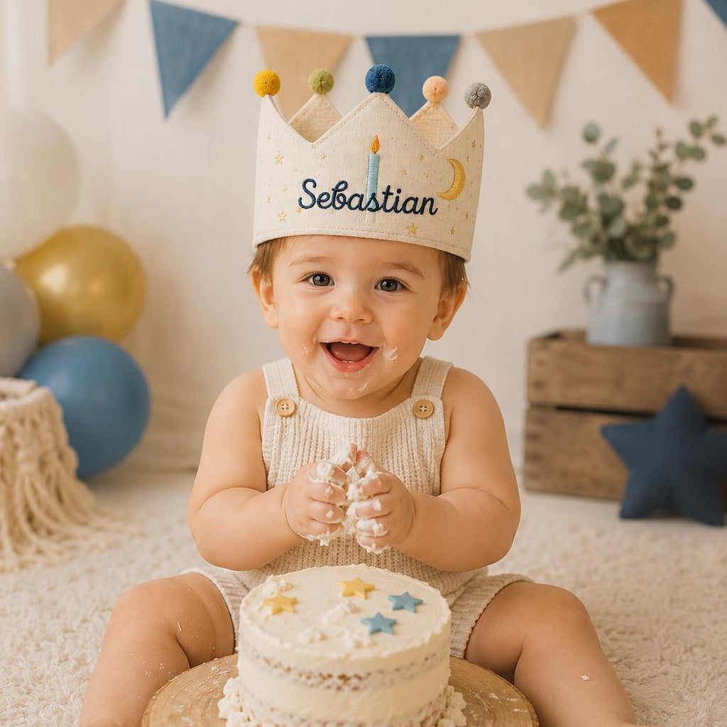 Personalized Birthday Candle Crown, Embroidered Linen-Look Name Crown, Reusable Kids Party Hat, Baby Keepsake Gift