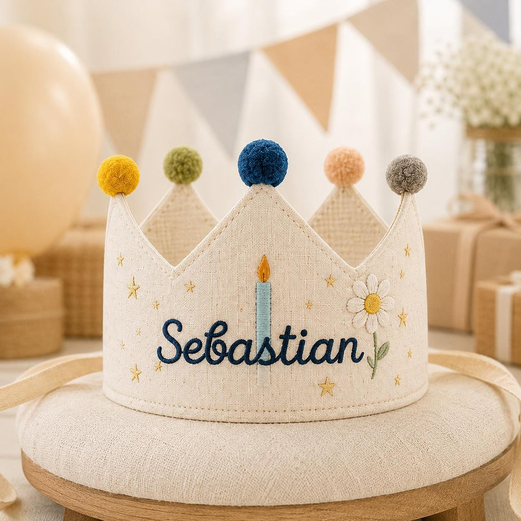 Personalized Birthday Candle Crown, Embroidered Linen-Look Name Crown, Reusable Kids Party Hat, Baby Keepsake Gift