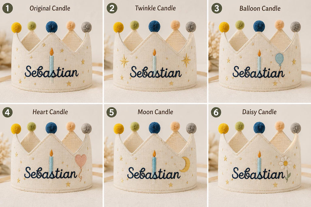 Personalized Birthday Candle Crown, Embroidered Linen-Look Name Crown, Reusable Kids Party Hat, Baby Keepsake Gift