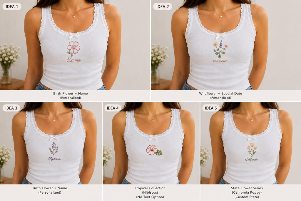 Custom Birth Flower Embroidered Tank Top, Personalized Lace Cami, Wildflower Date Shirt, State Flower Gift