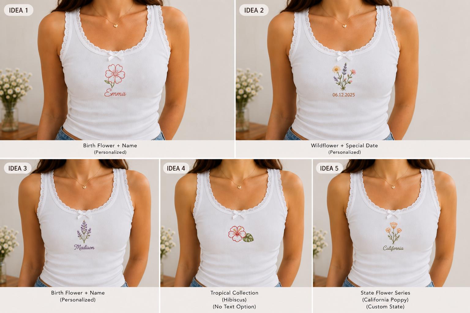 Custom Birth Flower Embroidered Tank Top, Personalized Lace Cami, Wildflower Date Shirt, State Flower Gift