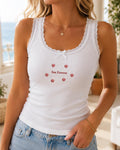 Custom Tiny Embroidered Tank Top, Personalized Lace Cami, Mini Heart Cherry Flower Shell Shirt Gift