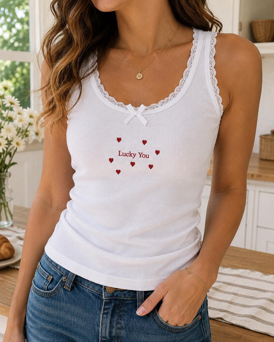 Custom Tiny Embroidered Tank Top, Personalized Lace Cami, Mini Heart Cherry Flower Shell Shirt Gift