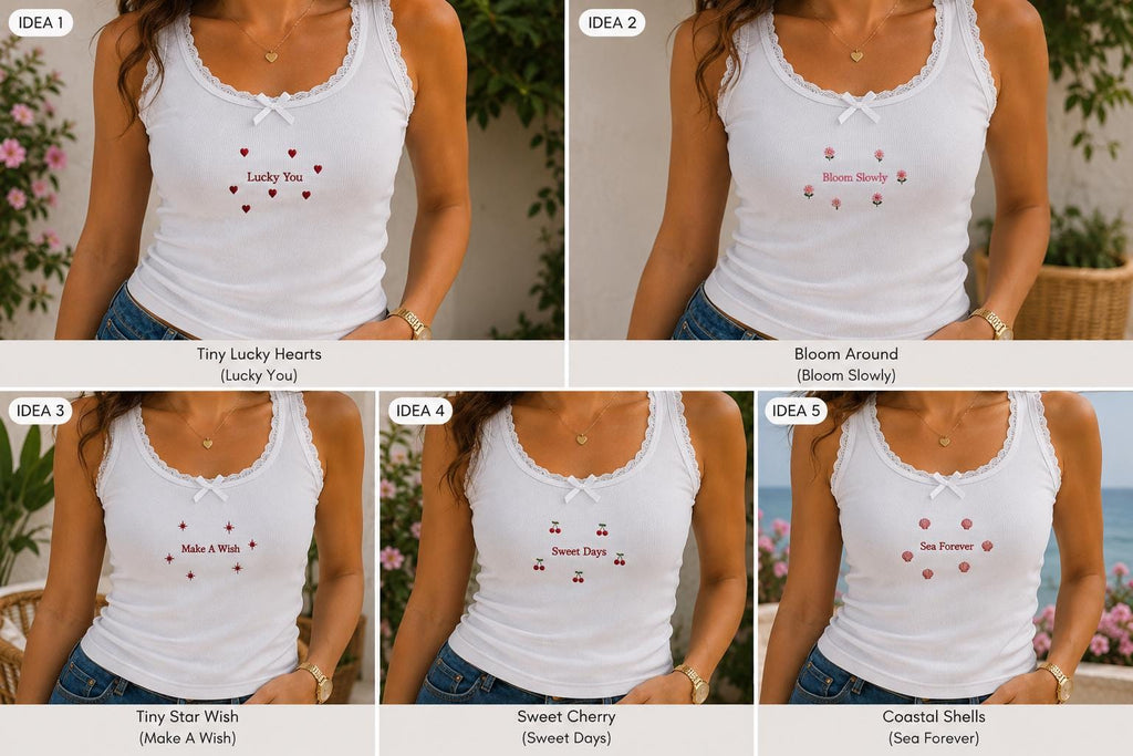 Custom Tiny Embroidered Tank Top, Personalized Lace Cami, Mini Heart Cherry Flower Shell Shirt Gift