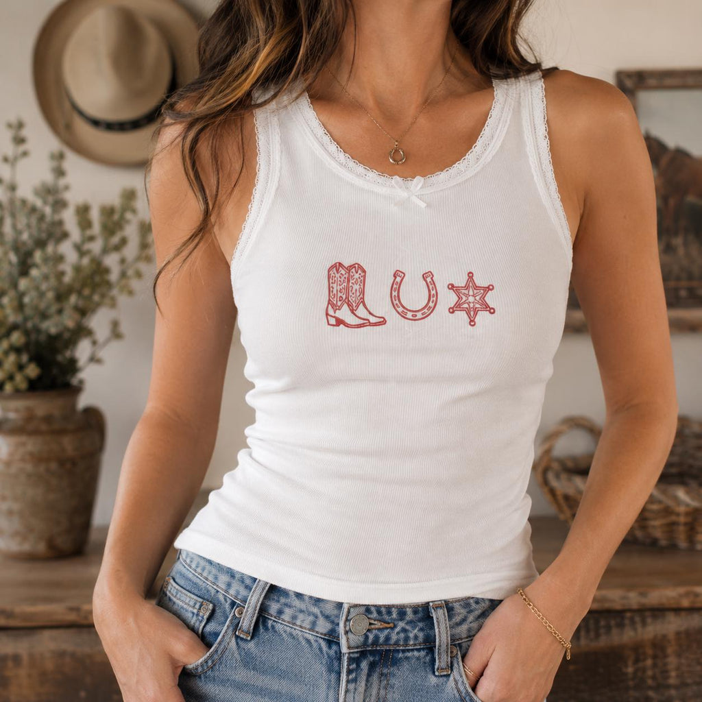 Custom Western Embroidered Tank Top, Cowgirl Lace Cami, Rodeo Nashville Shirt Gift For Her