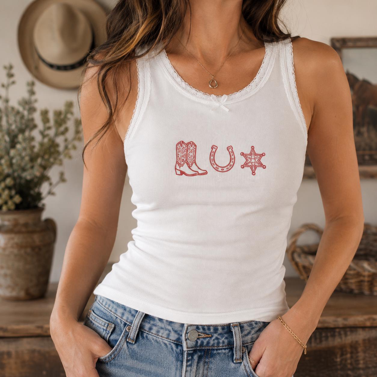 Custom Western Embroidered Tank Top, Cowgirl Lace Cami, Rodeo Nashville Shirt Gift For Her