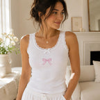 Custom Cute Embroidered Tank Top, Personalized Lace Cami, Ballet Bunny Bow Croissant Shirt Gift For Her