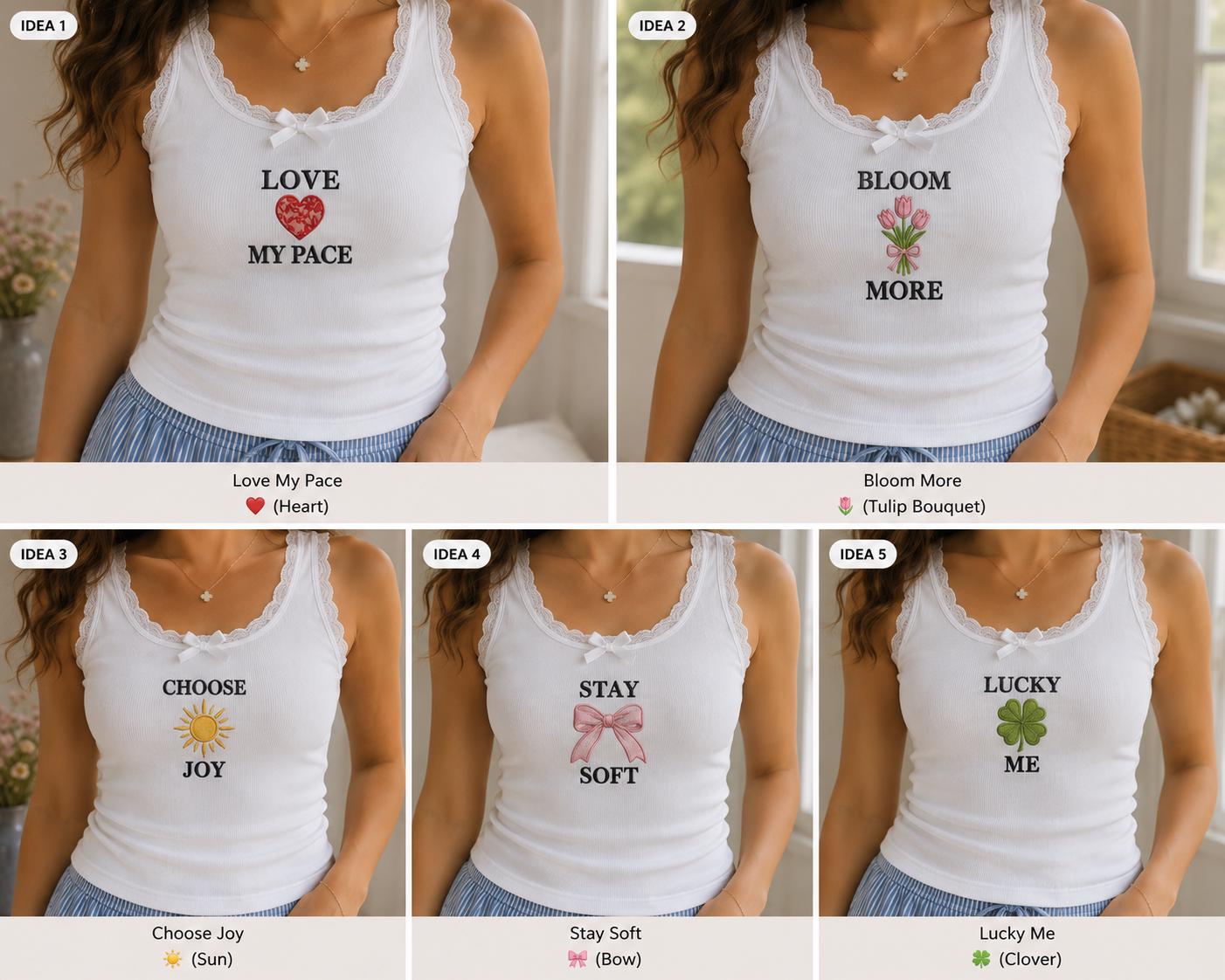 Custom Positive Quote Embroidered Tank Top, Personalized Lace Cami, Heart Tulip Sun Bow Clover Shirt Gift