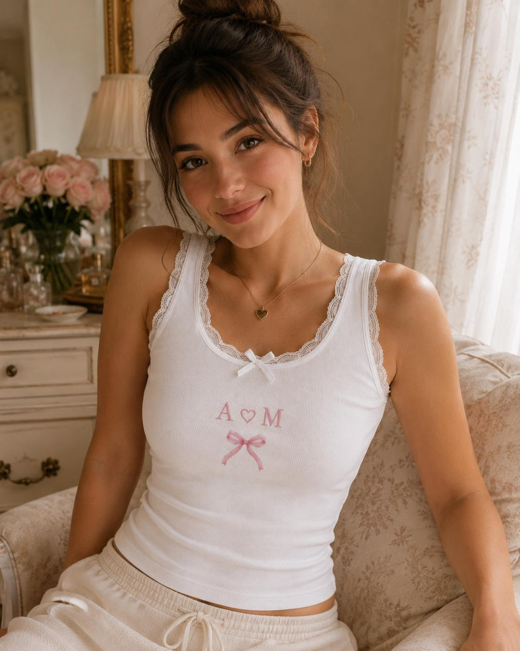 Custom Coquette Embroidered Tank Top, Personalized Lace Cami, Pink Bow Initial Birth Flower Shirt Gift For Her