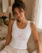 Custom Coquette Embroidered Tank Top, Personalized Lace Cami, Pink Bow Initial Birth Flower Shirt Gift For Her