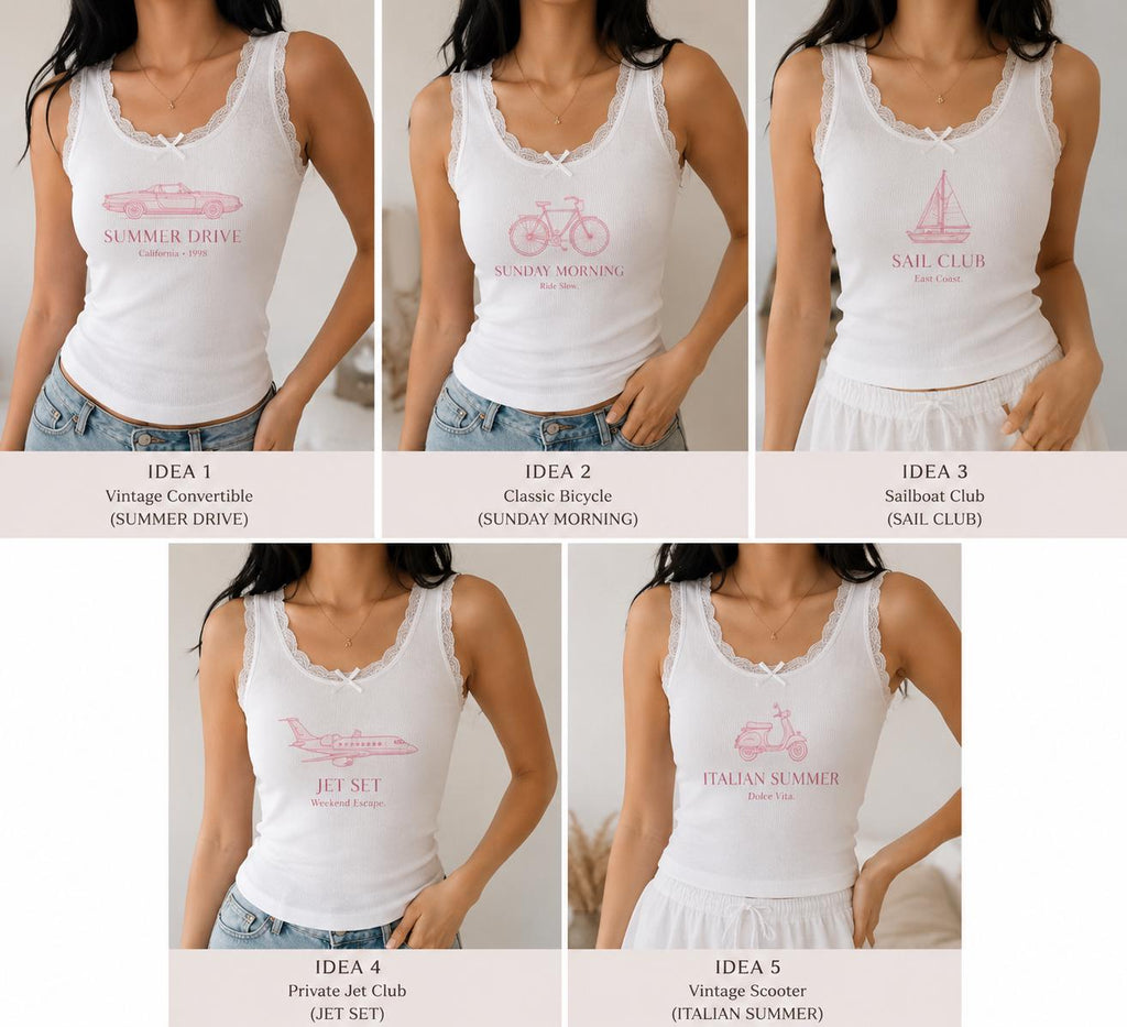 Custom Travel Embroidered Tank Top, Personalized Lace Cami, Vintage Summer Drive Sailboat Scooter Shirt Gift