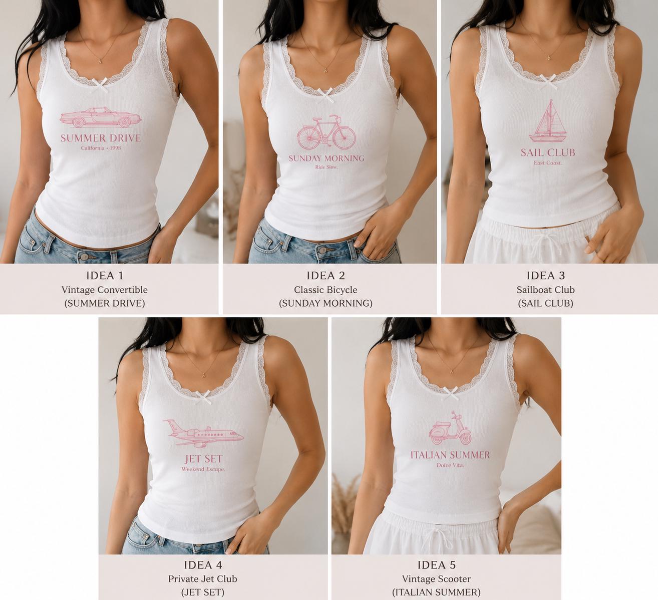 Custom Travel Embroidered Tank Top, Personalized Lace Cami, Vintage Summer Drive Sailboat Scooter Shirt Gift