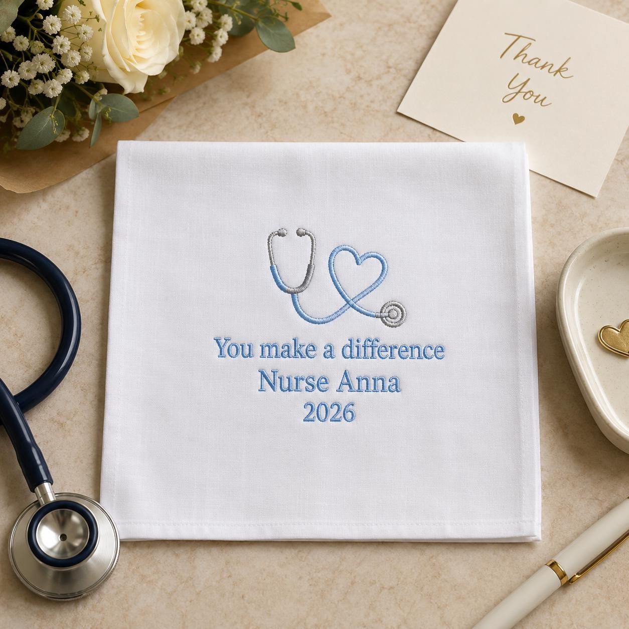 Nurse Appreciation Embroidered Handkerchief, Personalized Thank You Hanky, Custom Nurse Graduation Gift