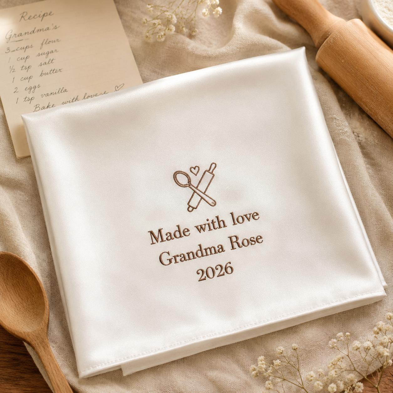 Recipe Keepsake Embroidered Handkerchief, Personalized Grandma Gift, Custom Baking Hanky, Made With Love Satin Keepsake