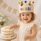 Personalized Rainbow Name Birthday Crown, Embroidered Linen-Look Kids Crown, Reusable First Birthday Party Hat, Baby Keepsake
