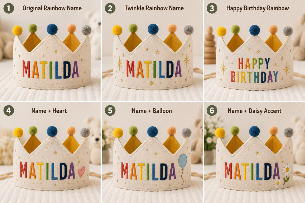 Personalized Rainbow Name Birthday Crown, Embroidered Linen-Look Kids Crown, Reusable First Birthday Party Hat, Baby Keepsake