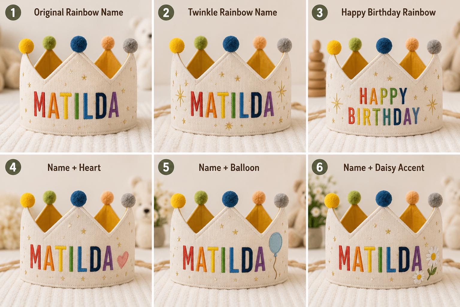 Personalized Rainbow Name Birthday Crown, Embroidered Linen-Look Kids Crown, Reusable First Birthday Party Hat, Baby Keepsake