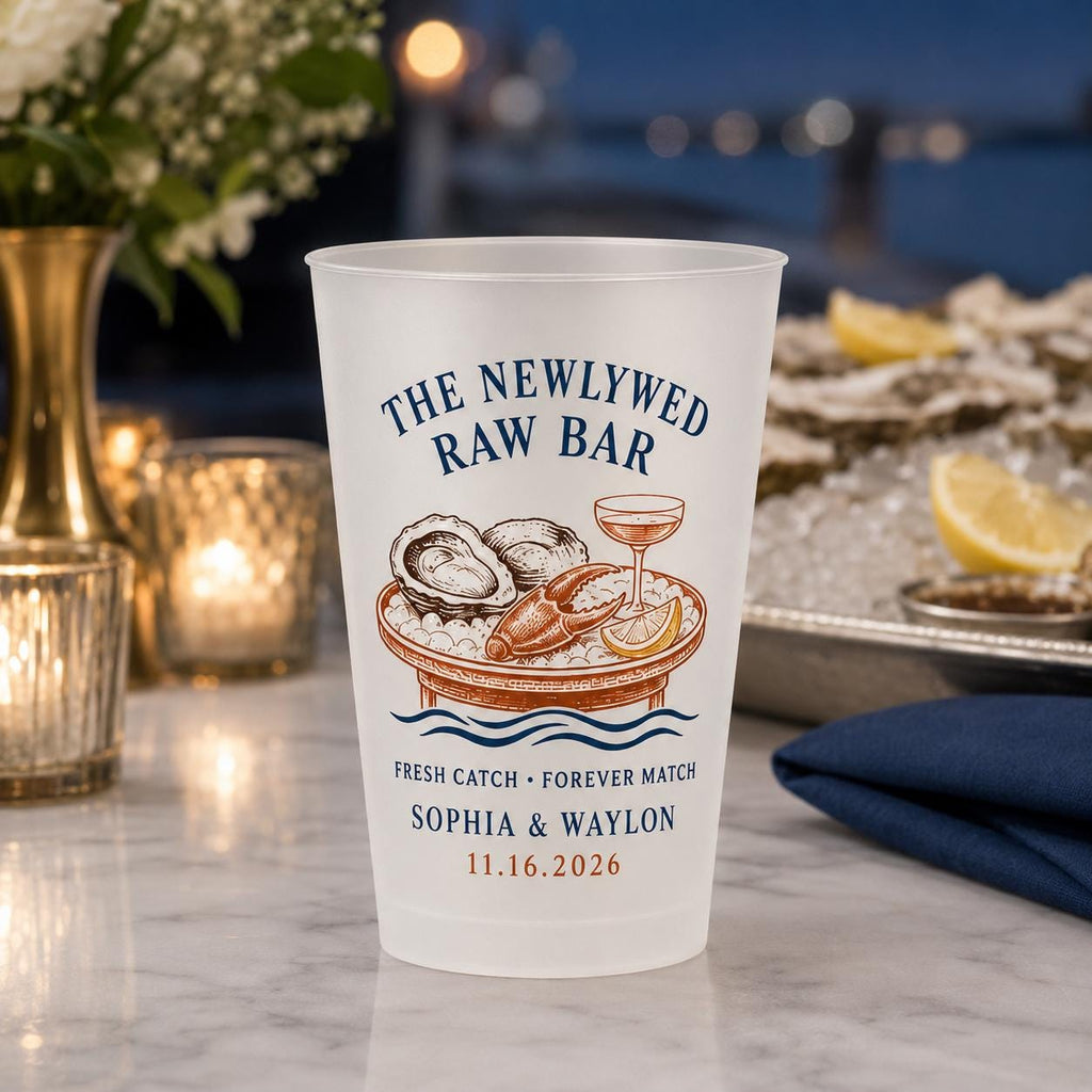 Personalized Crab Wedding Frosted Cups, Coastal Wedding Party Cups, Custom Beach Reception Favors, Bayfront Cocktail Hour Cups