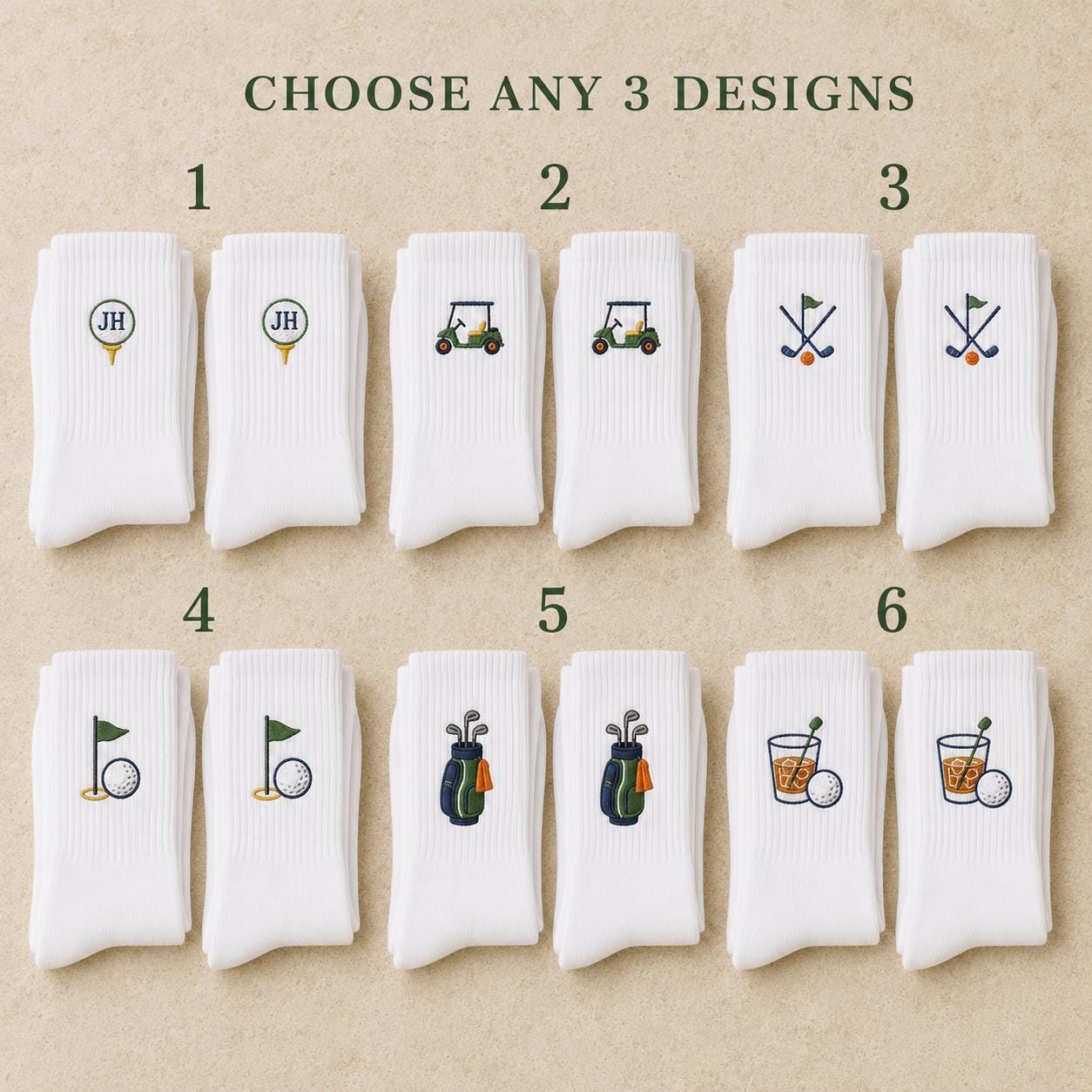 Personalized Golf Socks 3 Pack, Custom Initial Embroidered Crew Socks, Build Your Own Golf Gift for Dad Husband Grandpa Golfer