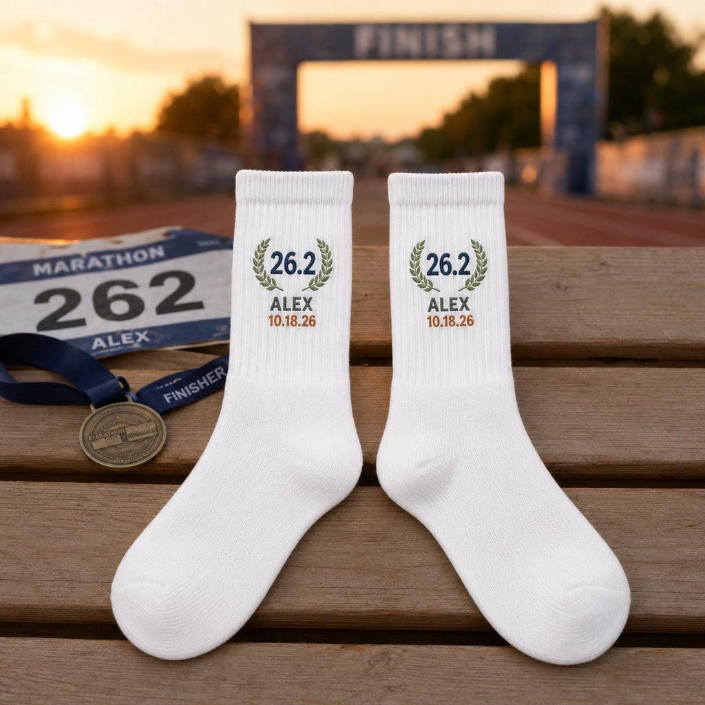 Personalized Race Finisher Embroidered Socks, Custom Marathon 26.2 Half Marathon 13.1 5K 10K Runner Gift with Name and Date