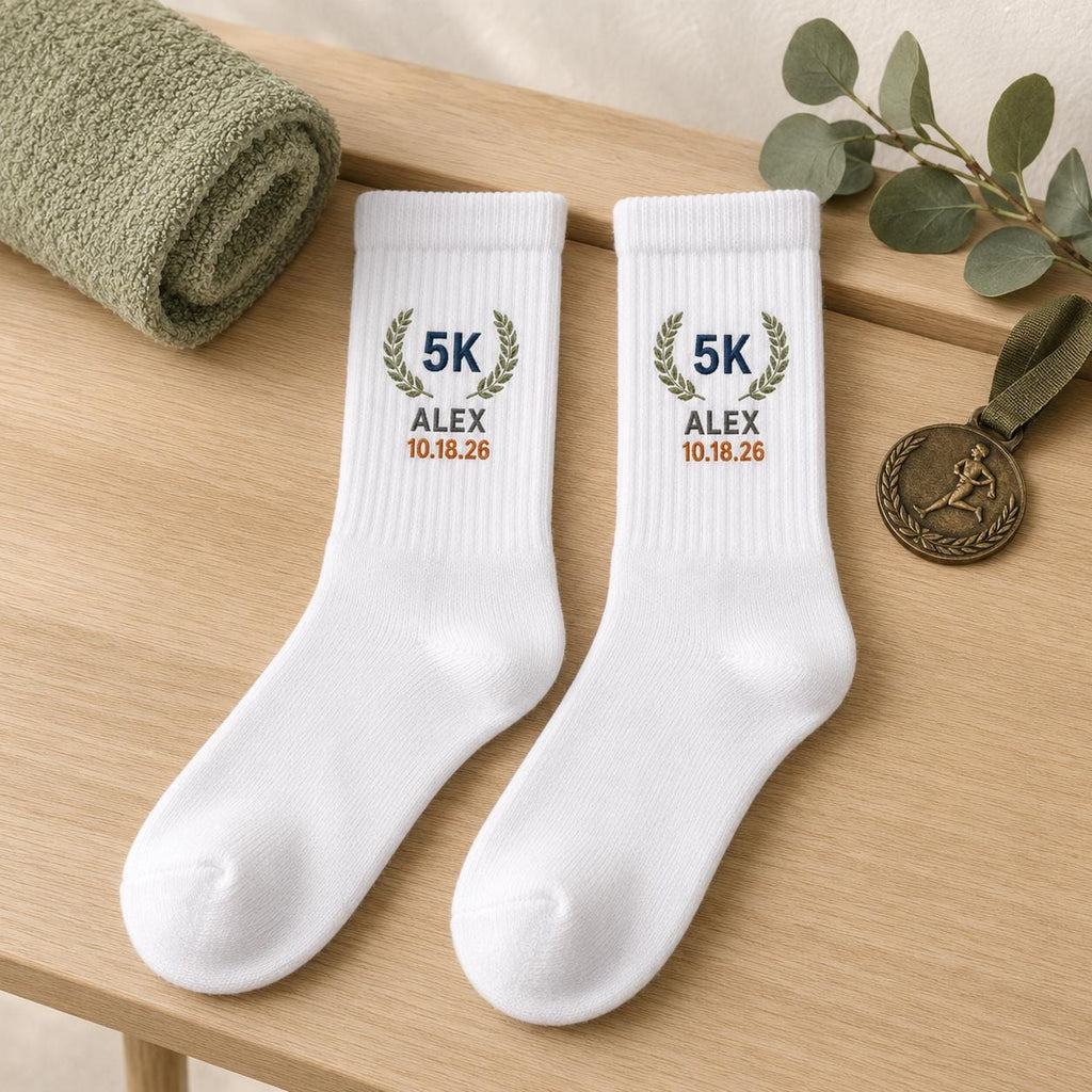 Personalized Race Finisher Embroidered Socks, Custom Marathon 26.2 Half Marathon 13.1 5K 10K Runner Gift with Name and Date