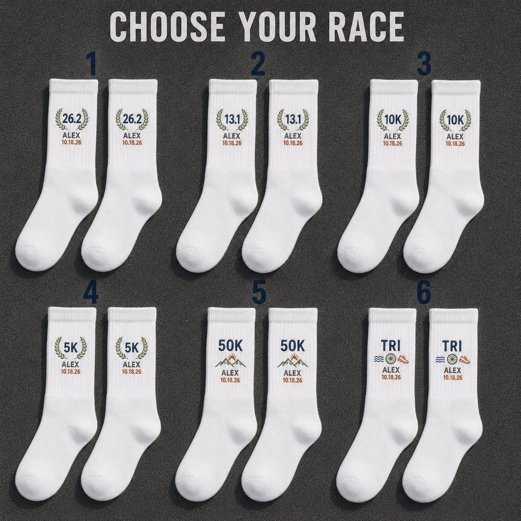 Personalized Race Finisher Embroidered Socks, Custom Marathon 26.2 Half Marathon 13.1 5K 10K Runner Gift with Name and Date