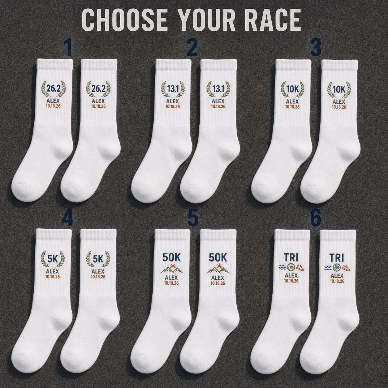 Personalized Race Finisher Embroidered Socks, Custom Marathon 26.2 Half Marathon 13.1 5K 10K Runner Gift with Name and Date