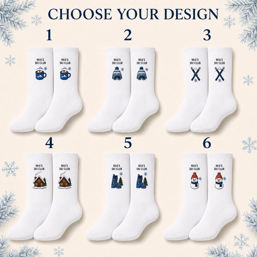 Personalized Ski Club Embroidered Socks, Custom Name Apres Ski Gift, Ski Trip Socks, Winter Cabin Gift, Snow Vacation Group Gift