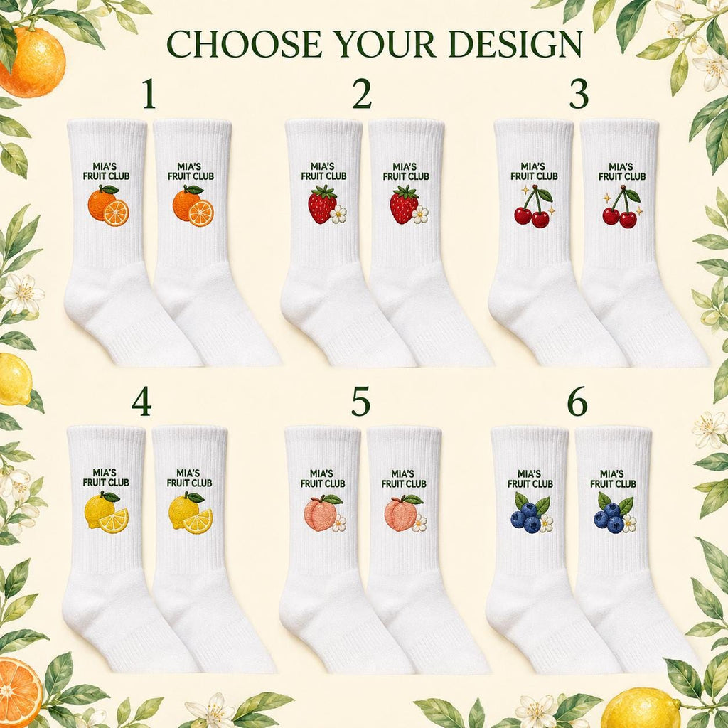 Personalized Fruit Embroidered Socks, Custom Name Summer Fruit Club Socks, Citrus Lover Gift, Farmers Market Gift, Group Socks