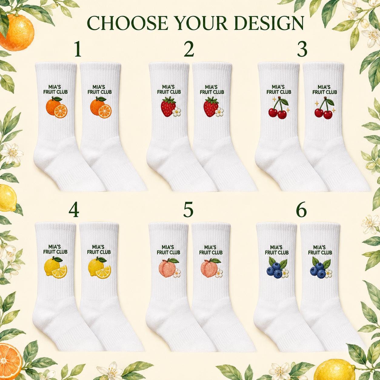 Personalized Fruit Embroidered Socks, Custom Name Summer Fruit Club Socks, Citrus Lover Gift, Farmers Market Gift, Group Socks
