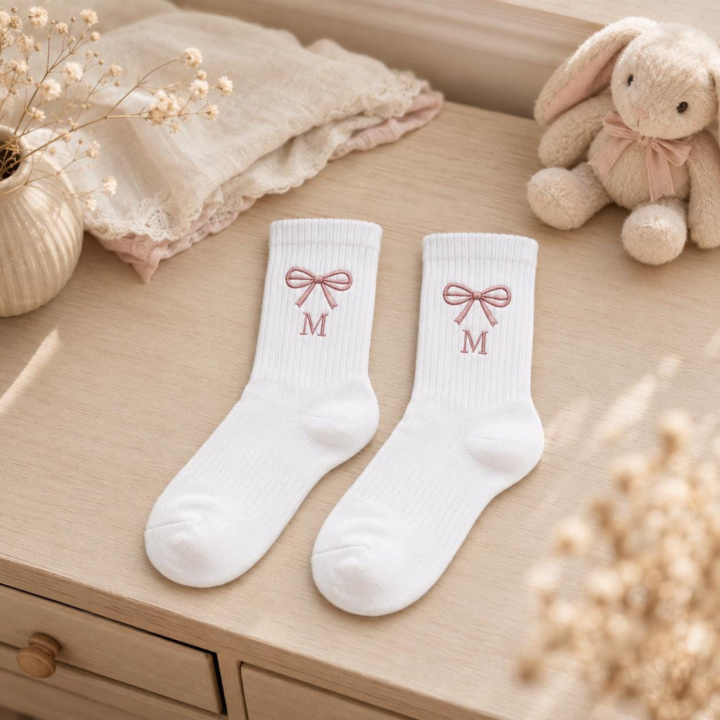 Personalized Birth Month Bow Embroidered Socks, Custom Initial Coquette Socks, Birthday Gift for Her, Bridesmaid Gift